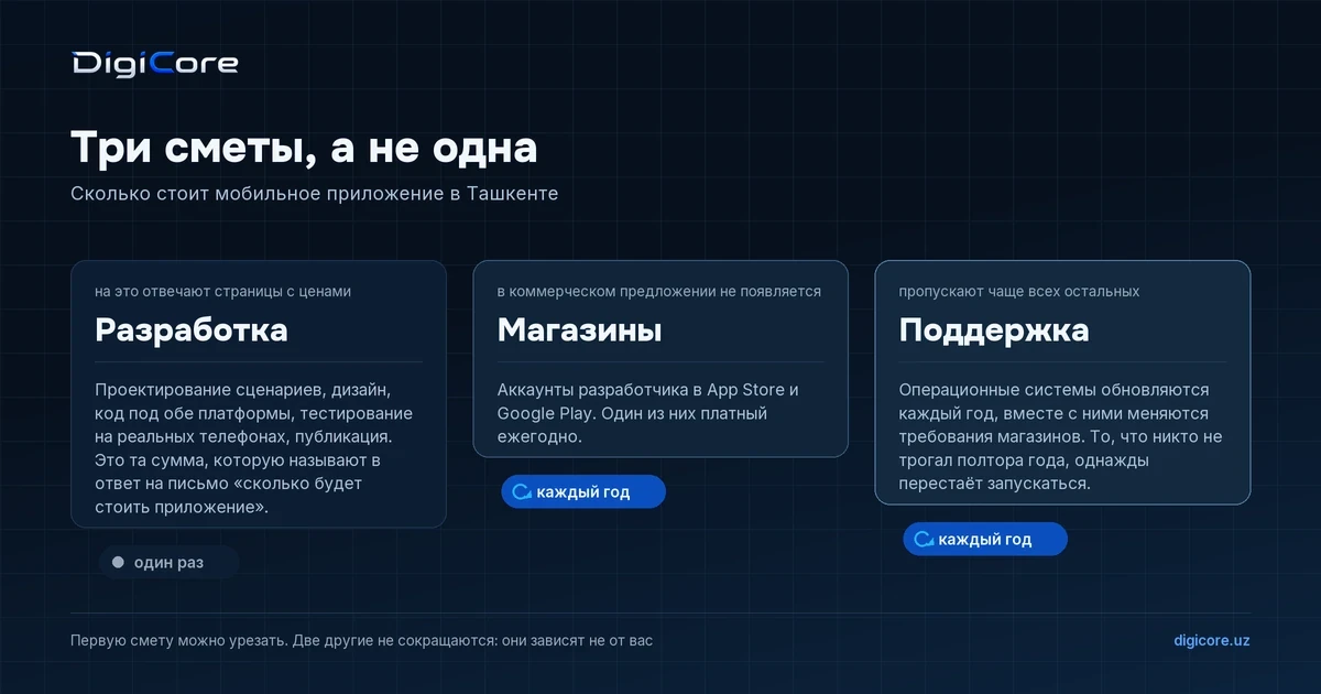 Три столбца сметы: разработка приложения оплачивается один раз, аккаунты магазинов и поддержка повторяются каждый год
